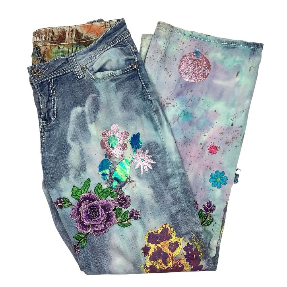 Hand Painted Adiktd Jeans Y2K Floral Galaxy Art Women 12 32X31 Boho Custom Denim
